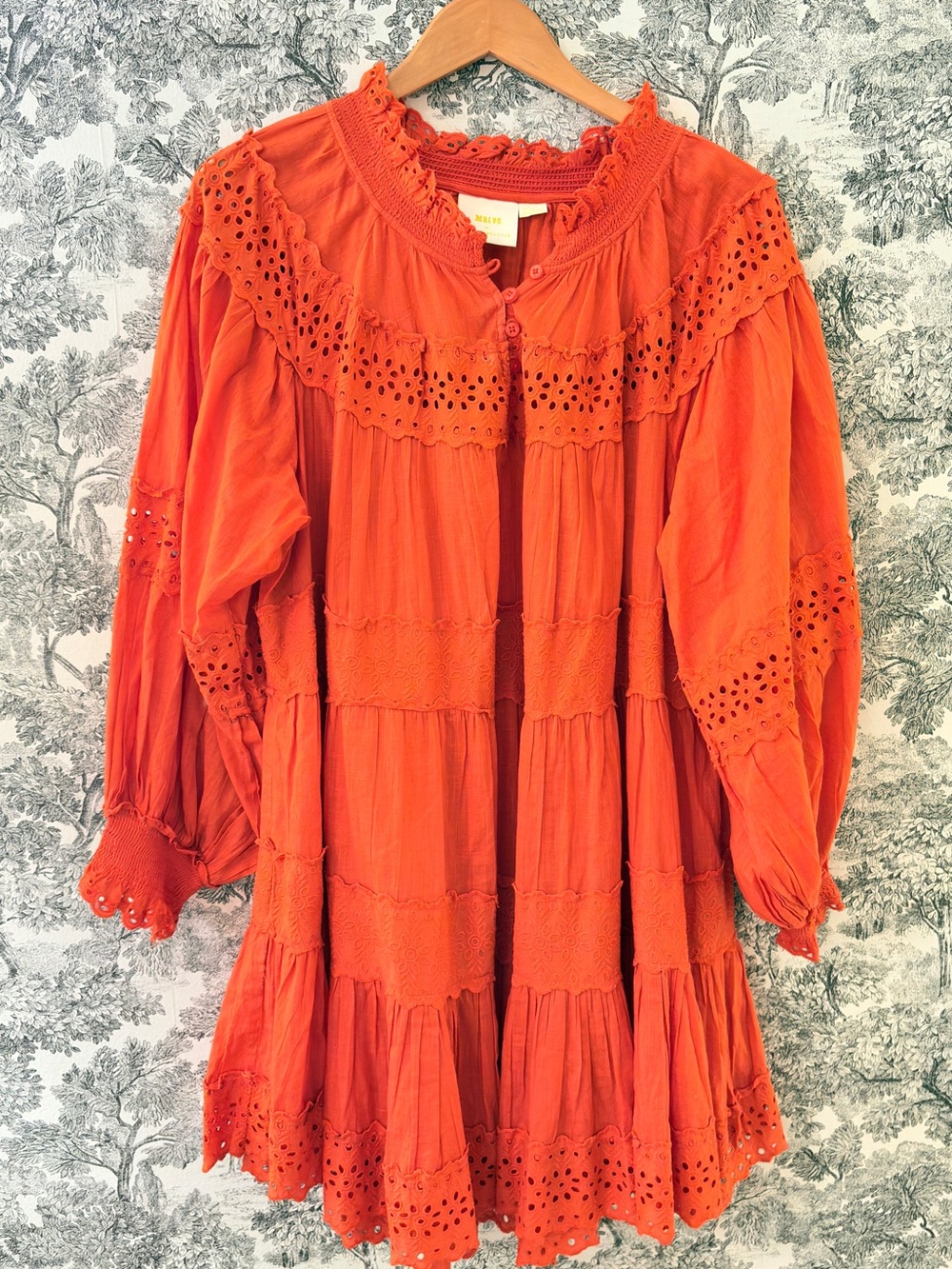 Anthropologie Maeve Long Sleeve Orange Red Mini Dress Plus Eyelet Tiered 1X EUC - Picture 3 of 9